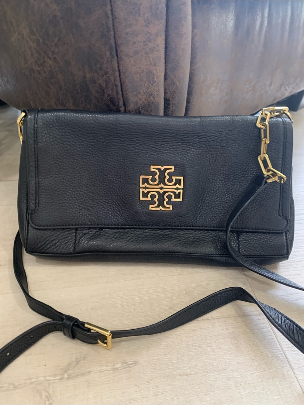 Tory Burch Black Leather Crossbody with Gold Logo Accent